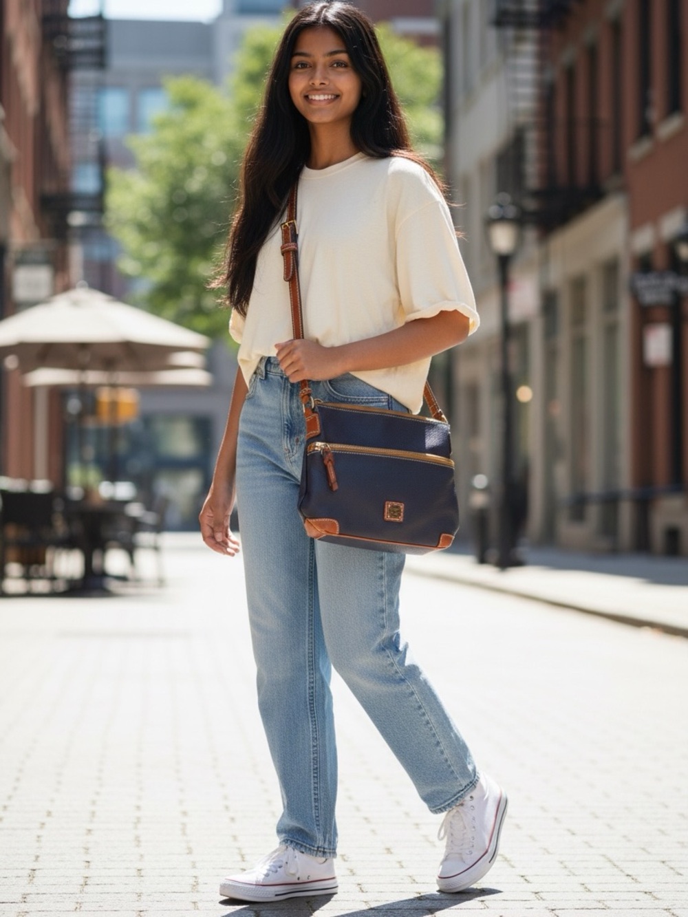 Dooney & Bourke Navy Crossbody with Brown Leather Trim